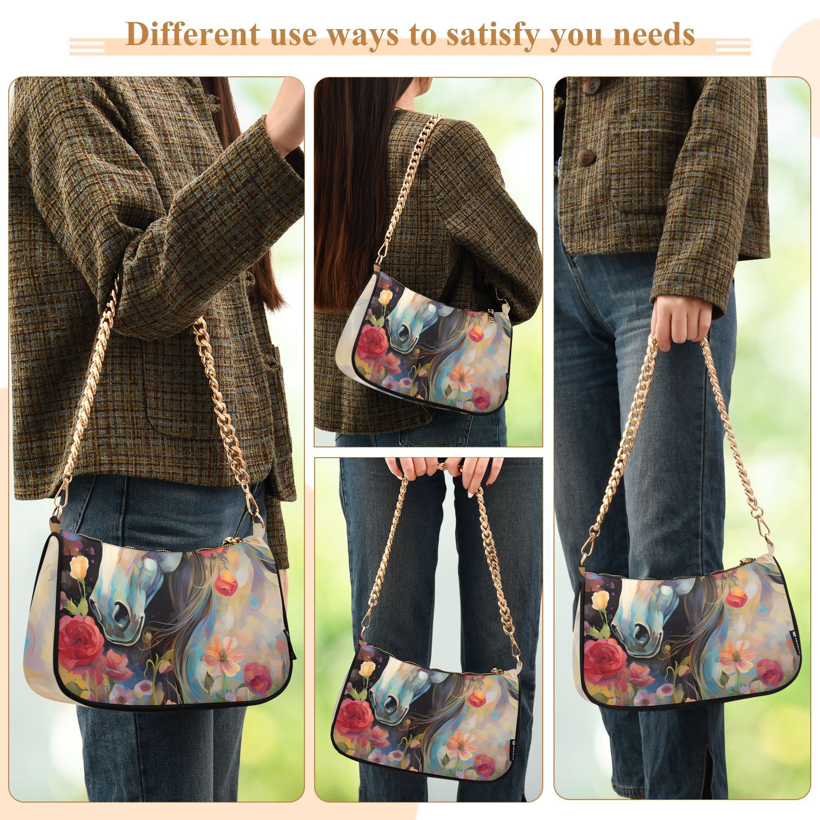 White Horse in Flowers FloralWomen Small Shoulder Bag Crossbody Tote Hobo Bags Purse Clutch Handbags with Chain Strap for Women