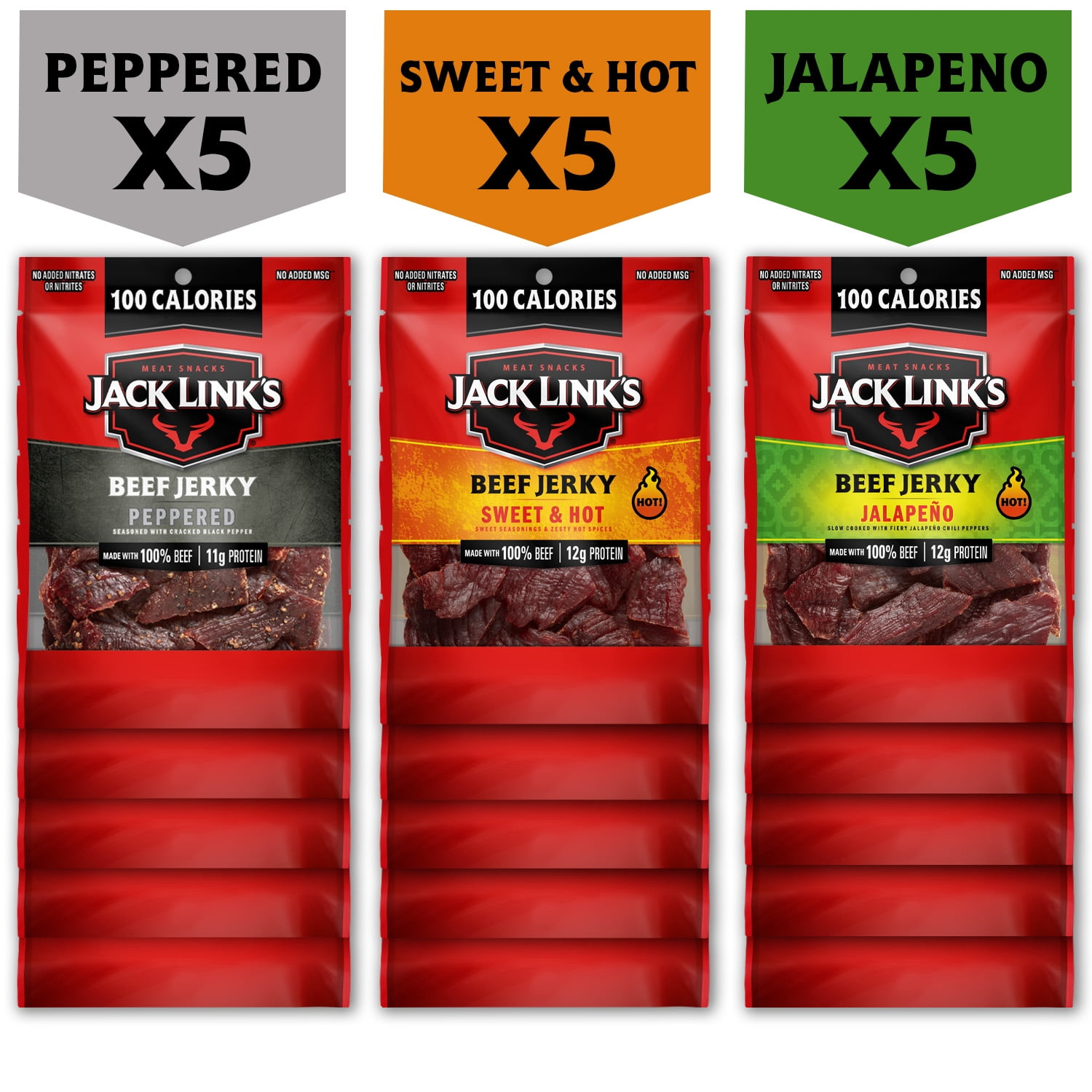 15 Pack - Jack Link's Bulk Beef Jerky Jalapeño, Peppered, Sweet & Hot Flavored Variety Pack, (15 - 1.25 oz. Bags), Snack Sized Packs