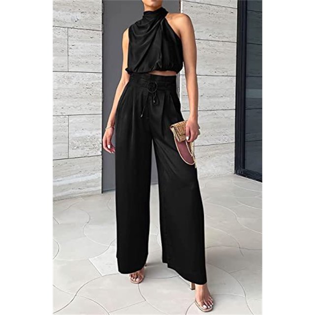 Conjunto de dos piezas de pantalones para mujer, Top sin mangas con textura plisada, cintura alta, pantalones de pierna ancha, traje holgado elegante para fiesta, color Beige, 2024