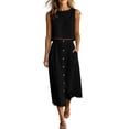 thumbnail image 2 of Karymi Summer Sets for Women 2 Piece Outfit, Crew Neck Sleeveless Crop Tank Top & High Waist Button Front Midi Skirt with Pockets, Solid Summer Set Blouses for Women, 2 of 8
