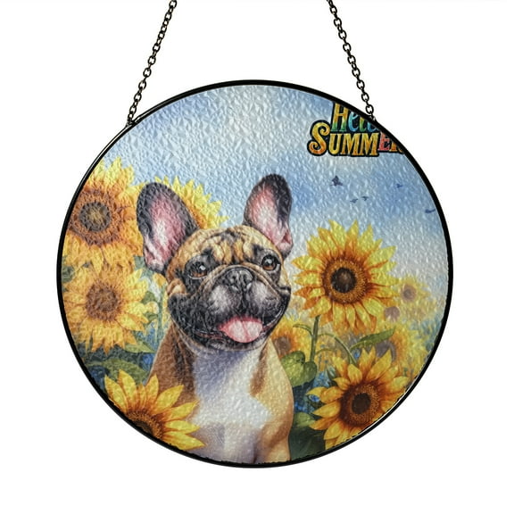French Bulldog Hello Summer Sunshine Sunflowers Spring Retro Vintage Stained Glass Suncatcher Dog Lover Gifts Window Hanging Sign Decor - 00008