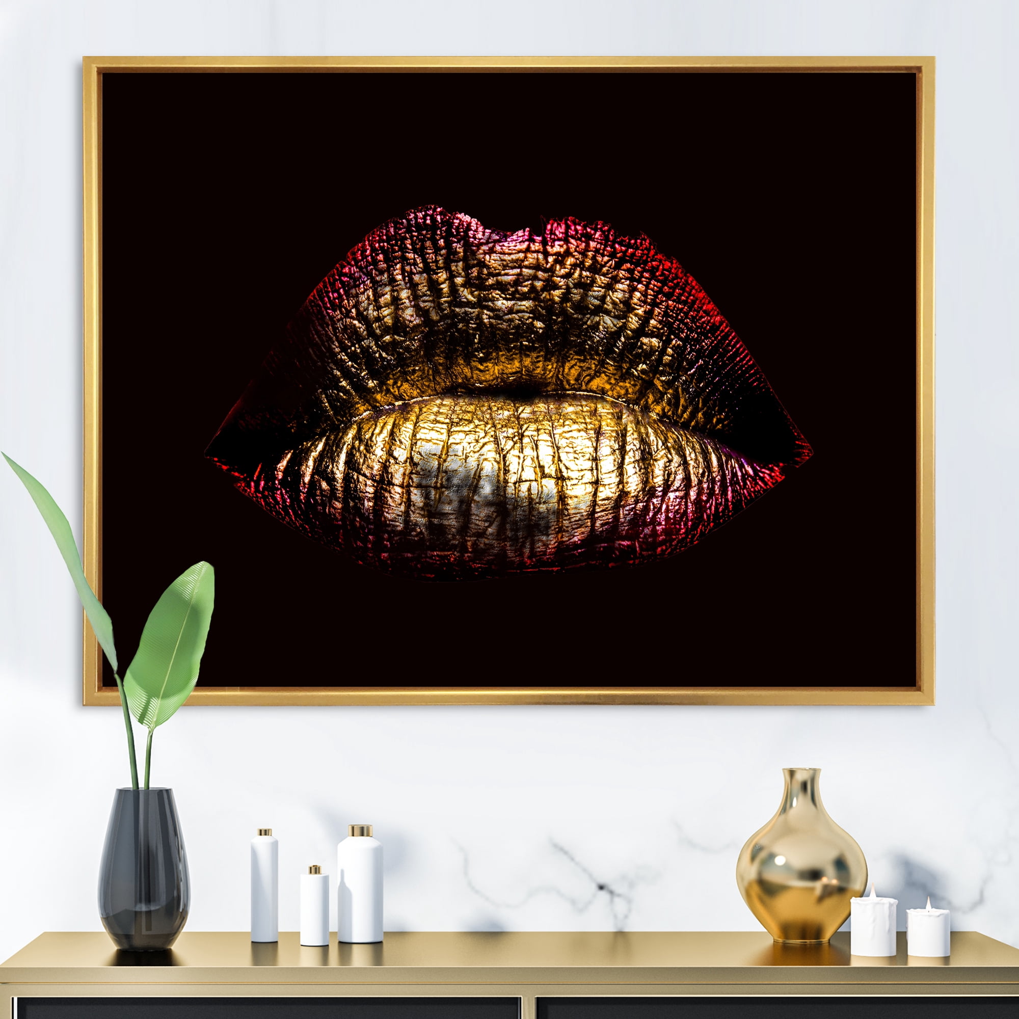 Sexy Golden Metallized Woman Lips IV 32 in x 16 in Framed Photography Canvas Art Print, by Designart