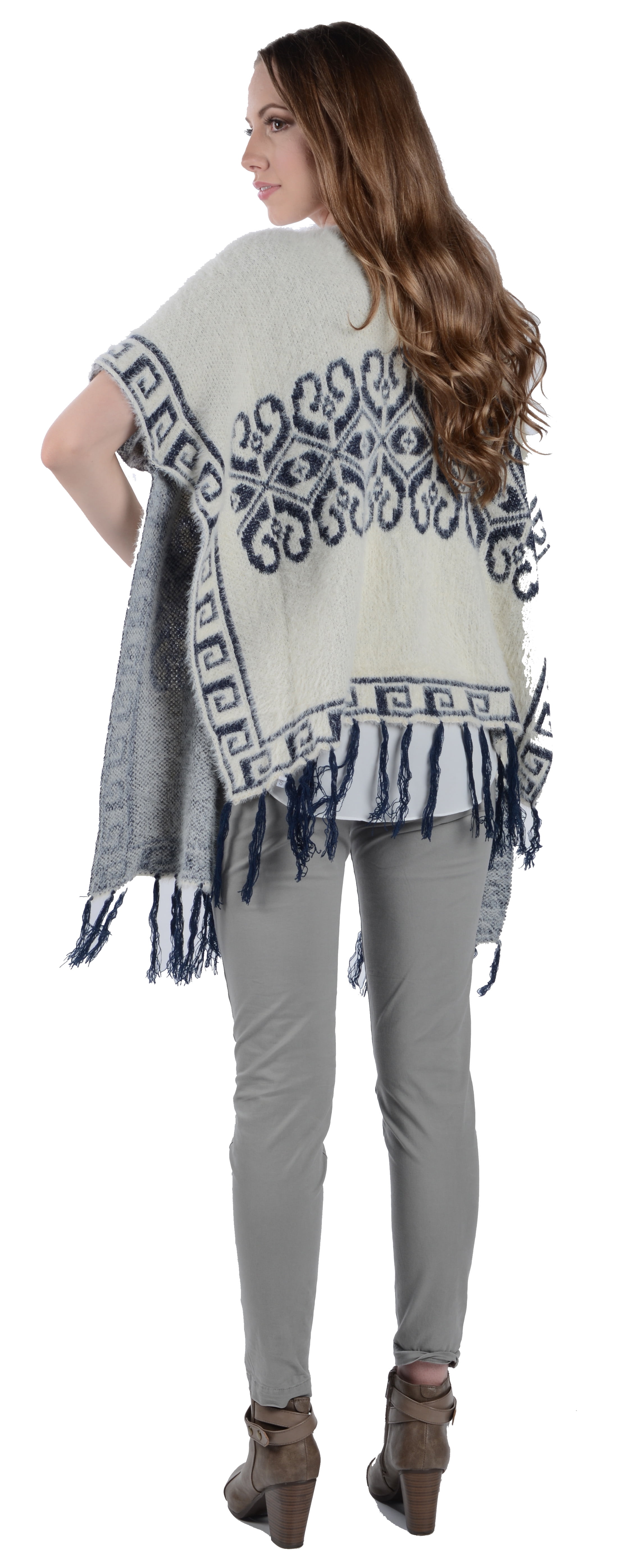 Women's Winter Knit Mayan Pattern Fringe Knit Poncho