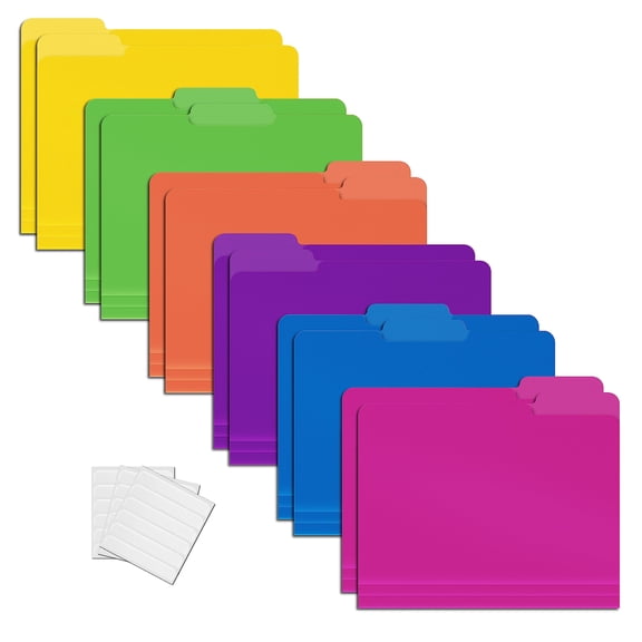 Heavyweight Poly File Folders, 1/3 Cut Tabs, 12 Pack, Assorted Colors, Letter Size, with Adhesive Labels, by Better Office Products