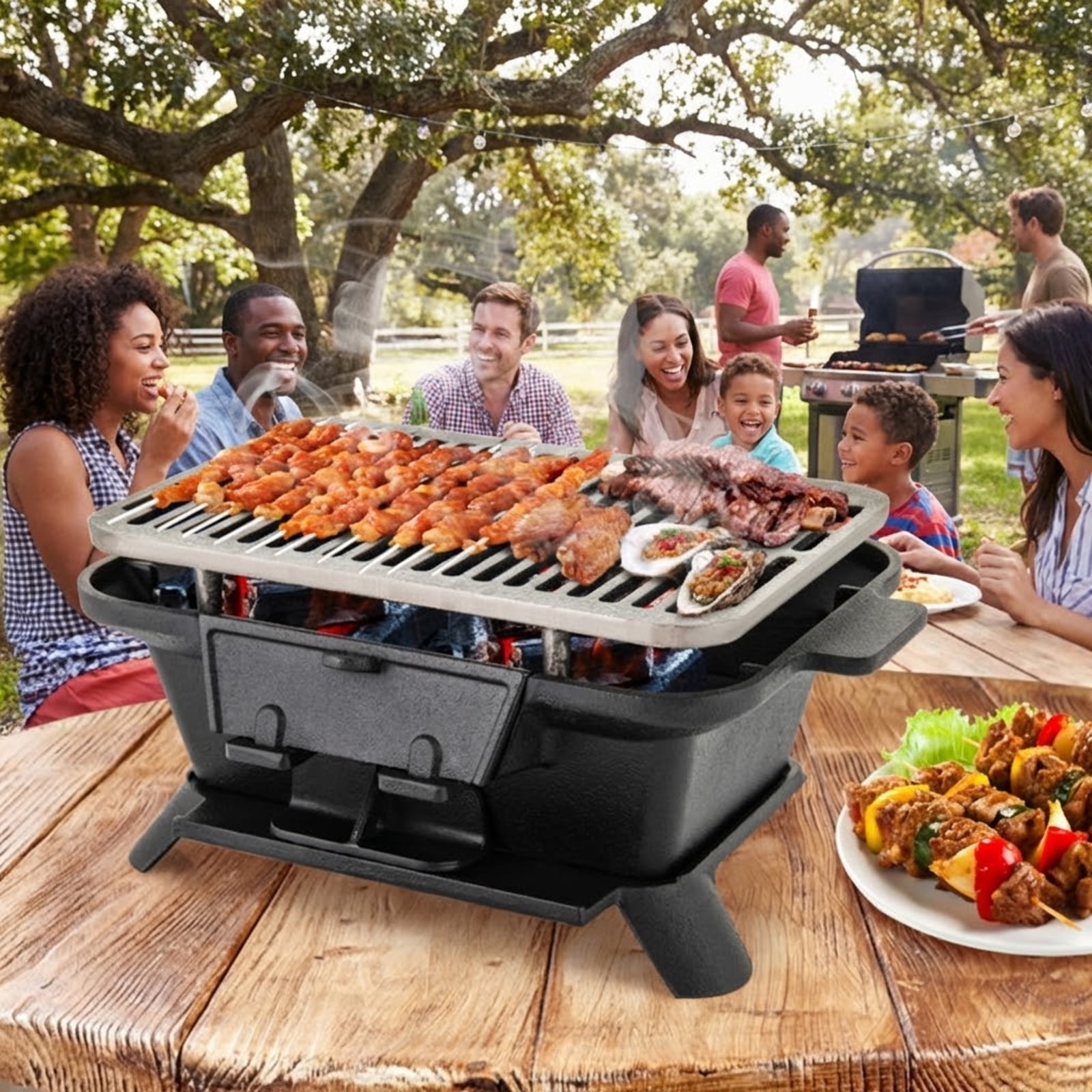 Biotree 100% Cast Iron Hibachi Charcoal Grill with Adjustable Height Grate and Grill Grate Lifter - Black