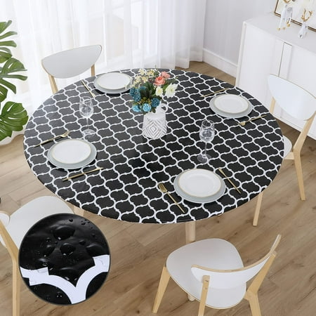 

decorUhome Fitted Vinyl Tablecloth Round 36 -44 Diameter Waterproof Wipeable PVC Table Cover Moroccan Black For Indoor or Outdoor