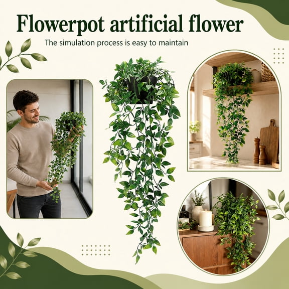 25.6 inch Fake Hanging Plants with Pots Artificial Trailing Plant Shelf Decor Green Eucalyptus Mandevilla Vine for Shelf Living Room Kitchen