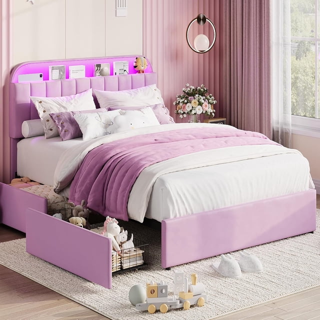 YUSAZENS Twin Size Velvet Upholstered Bed Frame with LED Light, MDF Structure 2 Underbed Storage Drawers, Floor Standing Soft Platform Bed No Box Spring Needed, Purple