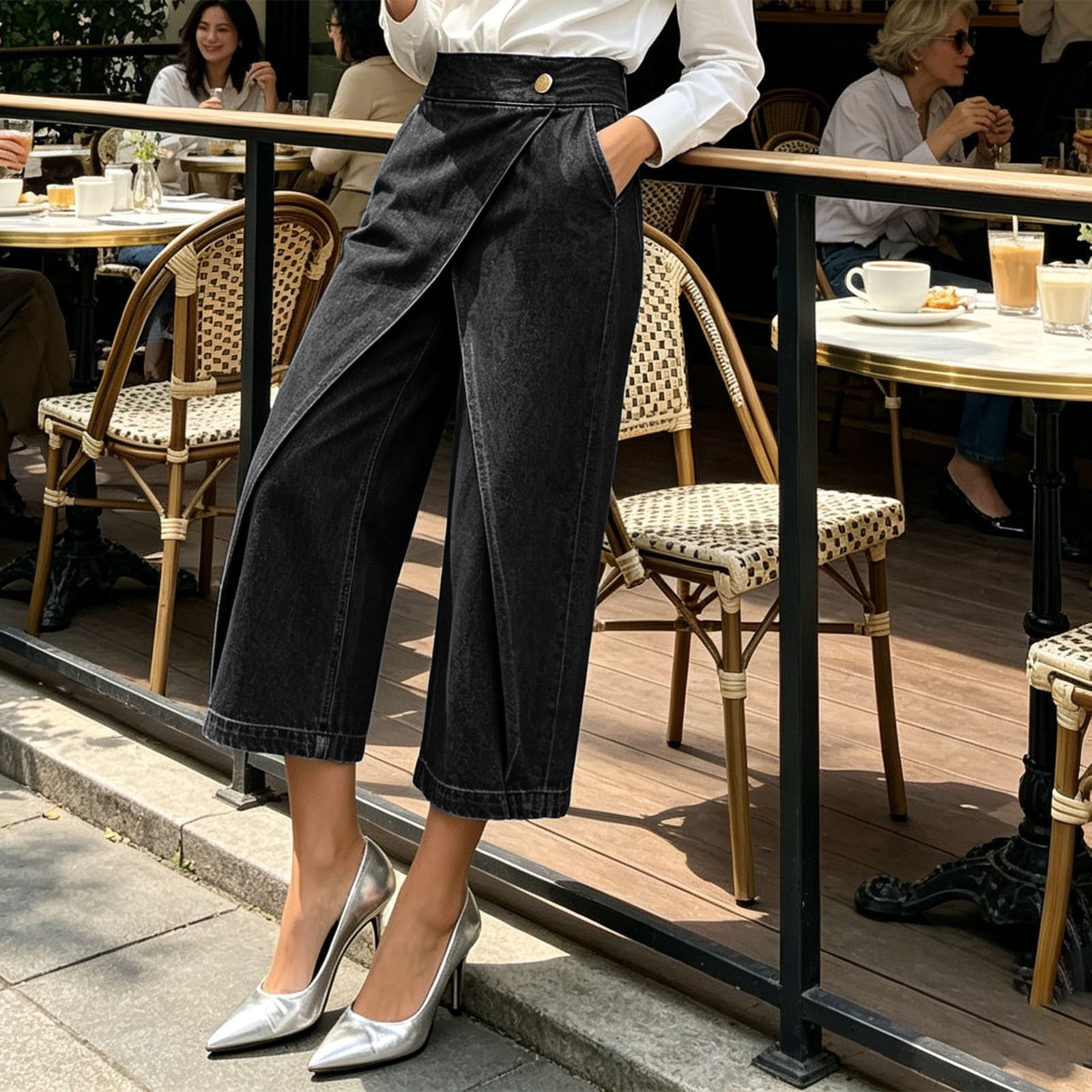 Women's Straight Leg Capri Jeans, Stylish Wrap Skirted Summer High Waisted Streetwear Denim Pants with Pockets