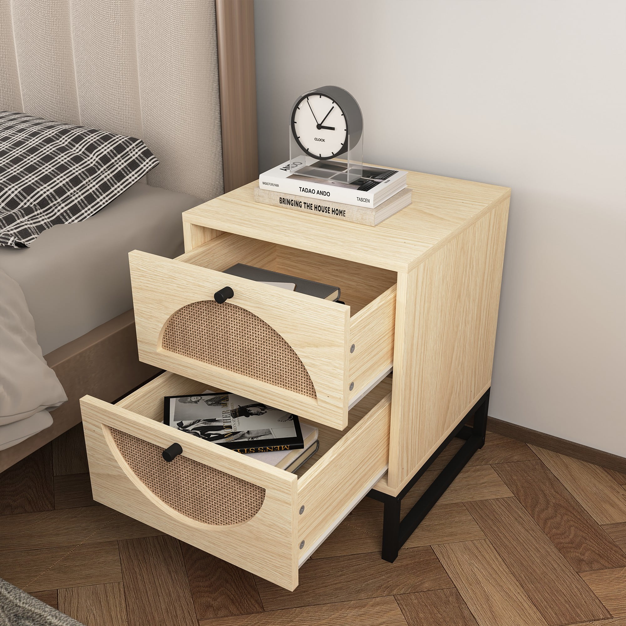 Finihen Rattan Nightstand Set of 2, Modern Boho Farmhouse Wood Bedside Table with 2 Drawer, Metal Frame Side End Table for Bedroom, Living Room, Office, Beige Finihen Rattan Nightstand Set of 2, Modern Boho Farmhouse Wood Bedside Table with 2 Drawer, Metal Frame Side End Table for Bedroom, Living Room, Office, Beige