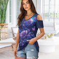 thumbnail image 2 of POLERO Rose Night Print Womens Cold Shoulder Shirts Short Sleeve Tops Soft V Neck Tees Summer Blouses Lightweight for Ladies Travel Dating Shopping L, 2 of 7