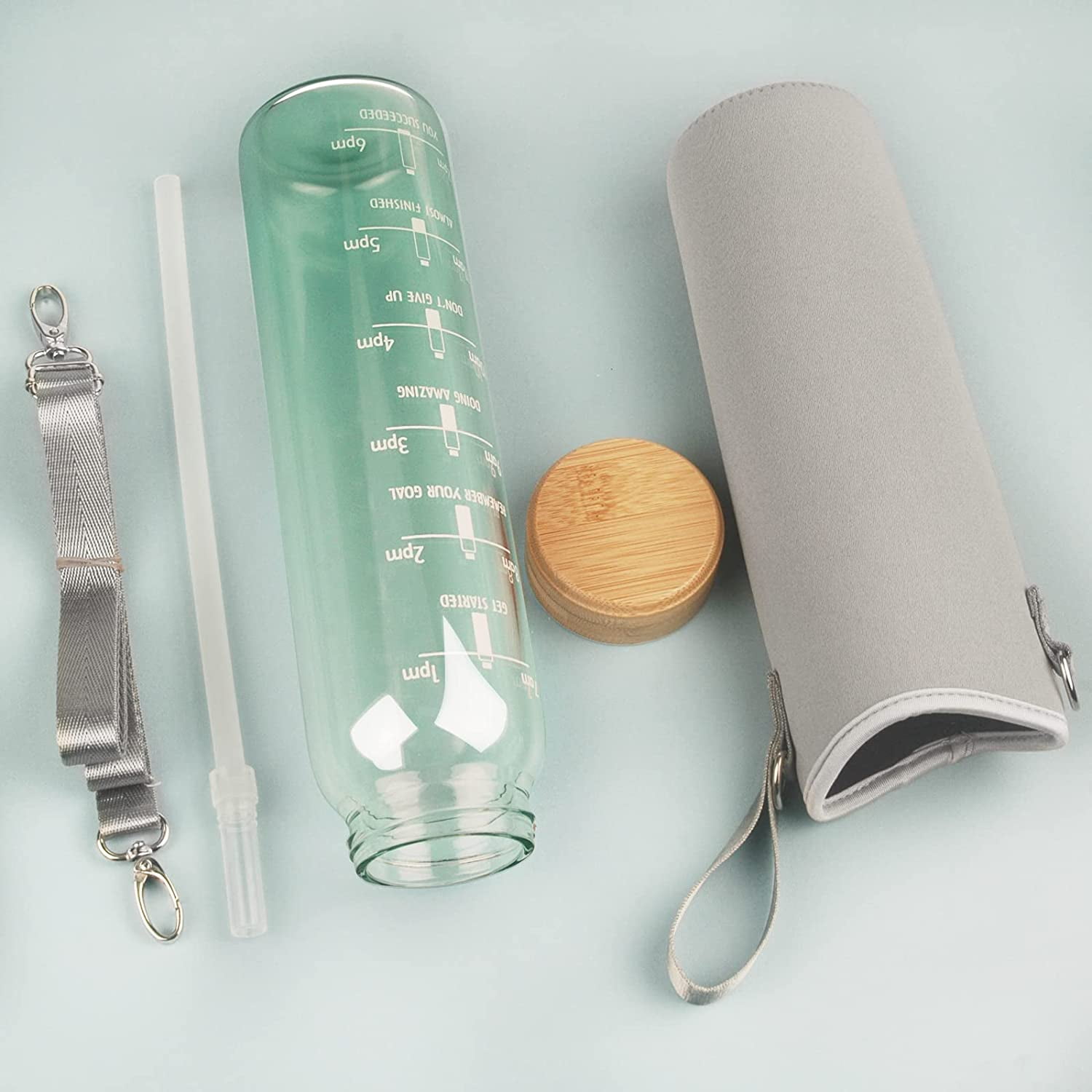 1000ml 1 Litre Glass Water Bottle Straw Time Marker Gradient Green Sleeve