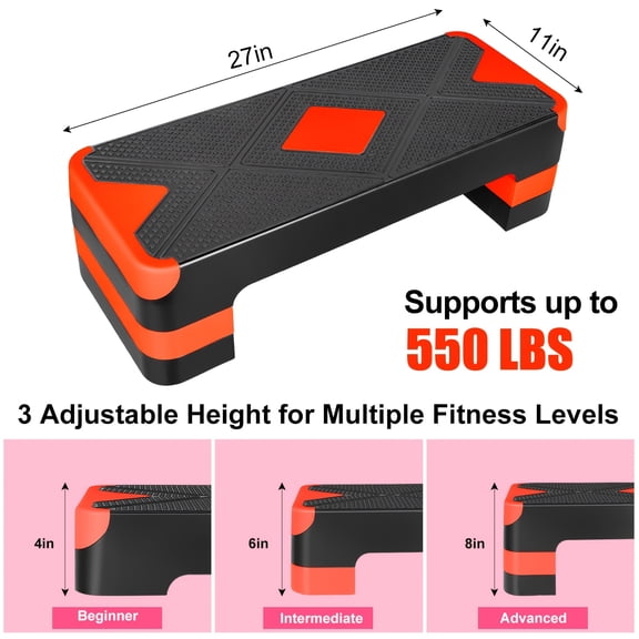 Adjustable Workout Aerobic Stepper, Fitness & Exercise Step Platform Trainer, 3 Settings Adjustable Height 4"-6"-8"