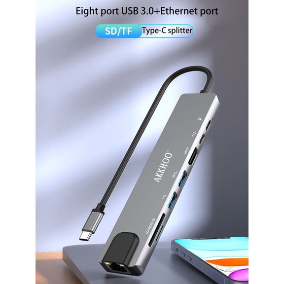 AKKHOO Type C 8 Ports Laptop Docking Station, Retail Packaging, Silver, New