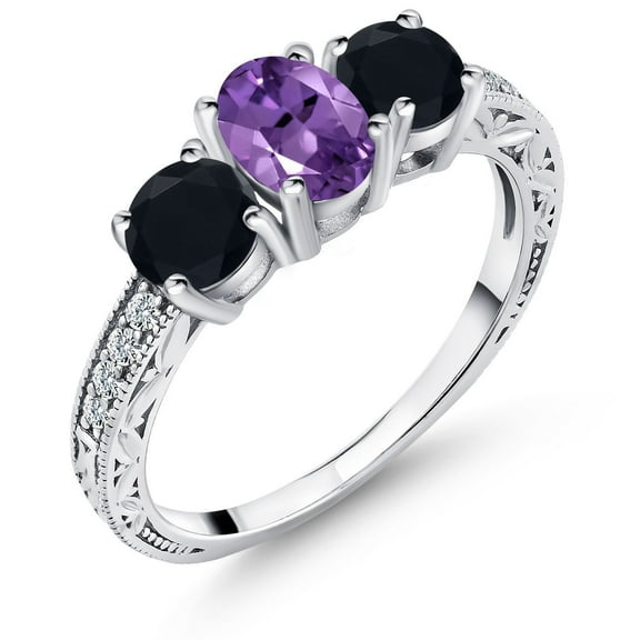 Gem Stone King 1.82 Ct Oval Purple Amethyst Black Onyx 925 Sterling Silver Ring (Size 6)