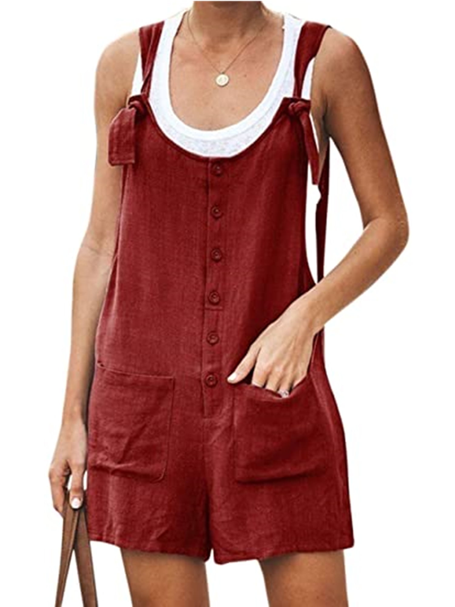 Women's Summer Scoop Neck Sleeveless Elegant Suspender Jumpsuit Rompers Button Waffle Knit Jumper Overall Wide Leg Pants Plus 