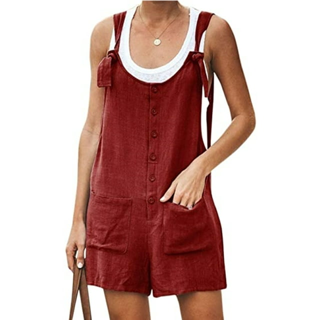 Daeful Jeans Pants Solid Color Romper Adjustable Strap Jumpsuits Ladies Plain Wide Leg Suspender Denim Bib Overalls Wine Red L