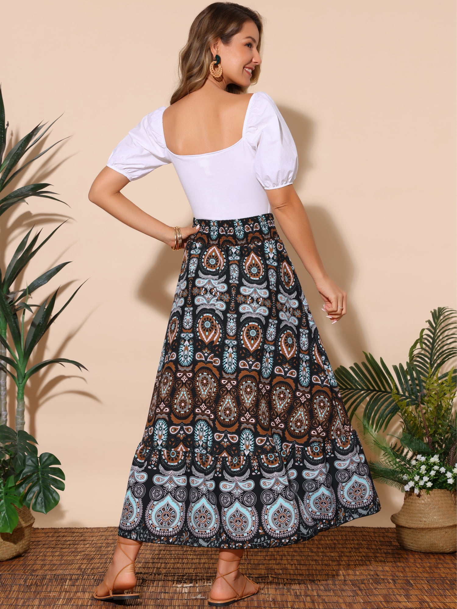 DARING DIVA Women's Bohemian High Waist A Line Maxi Skirts S Black