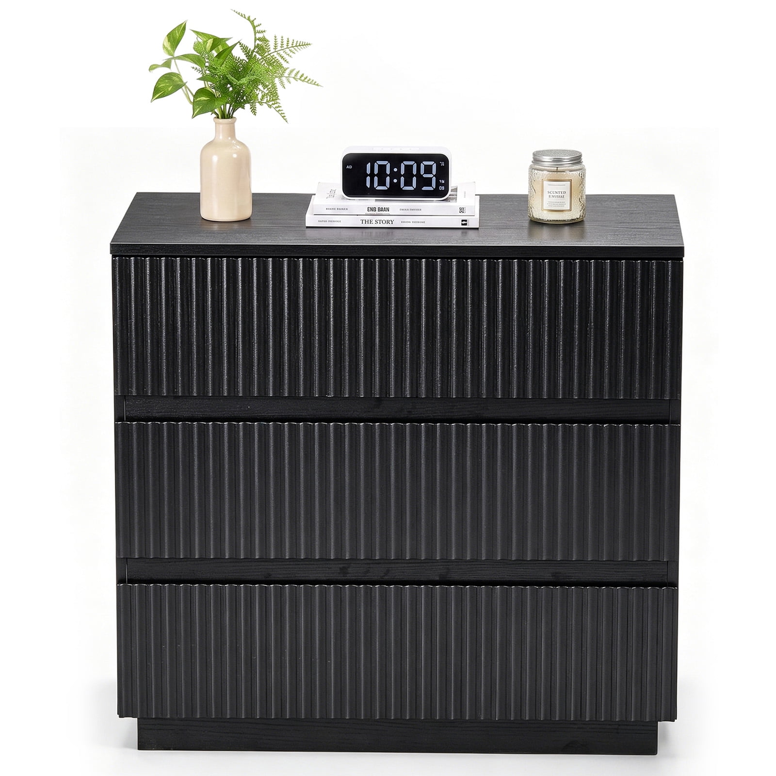 Handleless Grille-Finished 3-Drawer Bedside Table, P2 Particleboard + MDF & Melamine Veneer + Thermoformed Drawer Cabinet 23.62*12.99*22.05in Black
