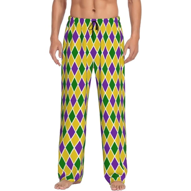 Balery Mardi Gras Purple Yellow Plaid Pantalones de pijama para hombre, pijama ultraligero, pantalón de descanso-Large