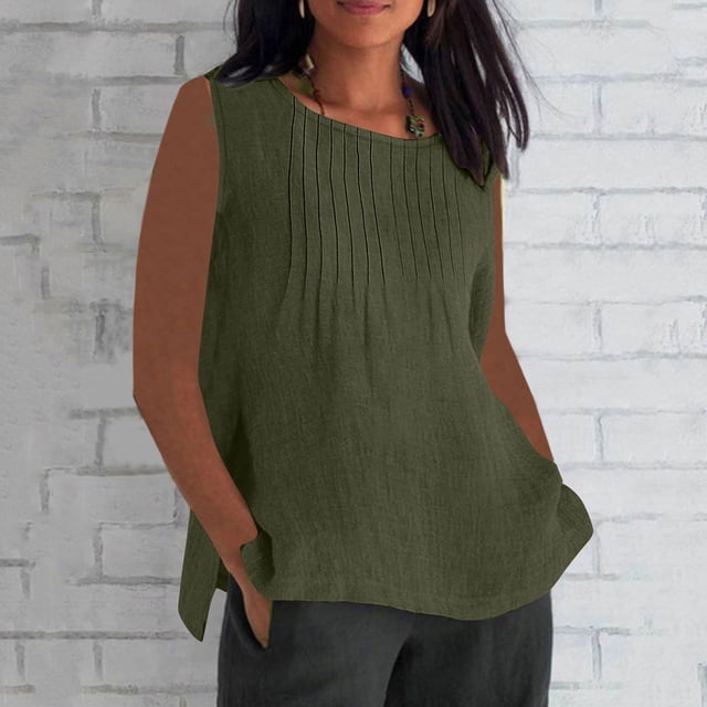 mfyjkho Tops Para Mujer, Blusa Holgada De Verano Para Mujer, De Imitación De Lino, Sin Mangas, Plisada Y Con Cuello Redondo Tops Y Blusas Para Mujer Xxxl