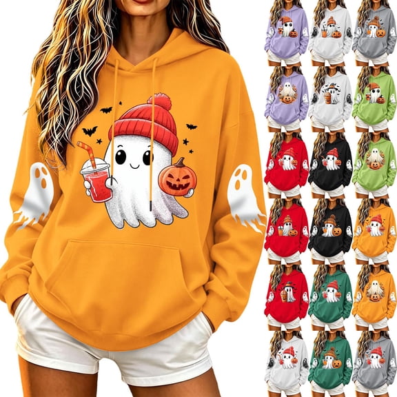 qolati Halloween Hoodie for Women Ghost Pumpkin Graphic Spooky Long Sleeve Pullover Sweater Cute Fall Oversized Fleece Lined Hooded Tops Orange L