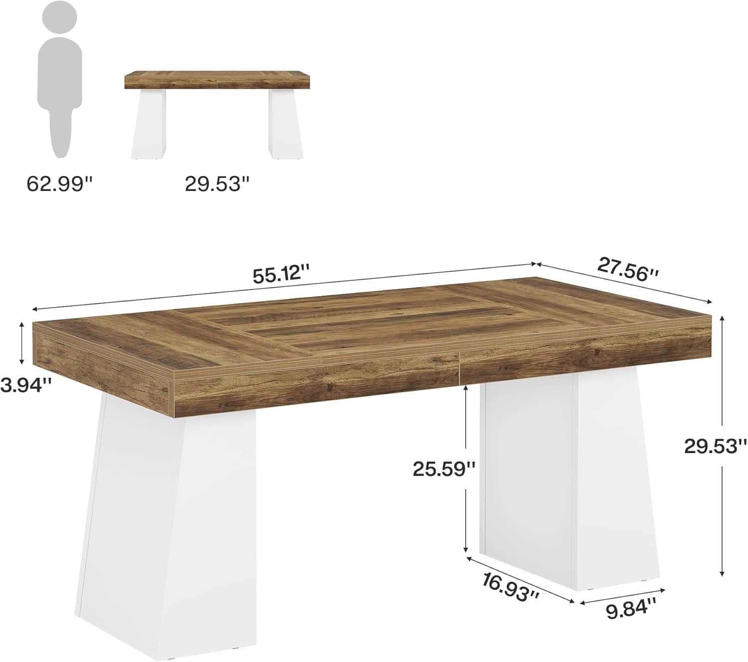 Tribesigns 55-Inch Office Desk with Double Pedestal, Modern Simple Executive Desk, Computer Table for Home Office, Brown & White