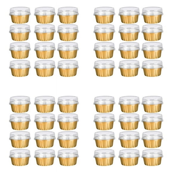 Dessert Cups with Lids, 100 Pack Gold Aluminum Foil Baking Cups Holders, Cupcake Bake Utility Ramekin Clear Pudding Cups