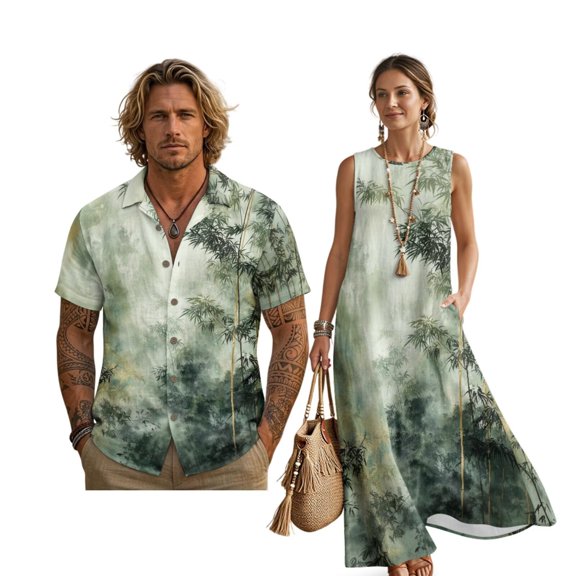 FOR U DESIGNS Green Tree Leaf Print Matching Outfits Linen-Style Couple Clothes Sets Sleeveless Summer Dresses for Women, Men's Casual Button-Down Shirts