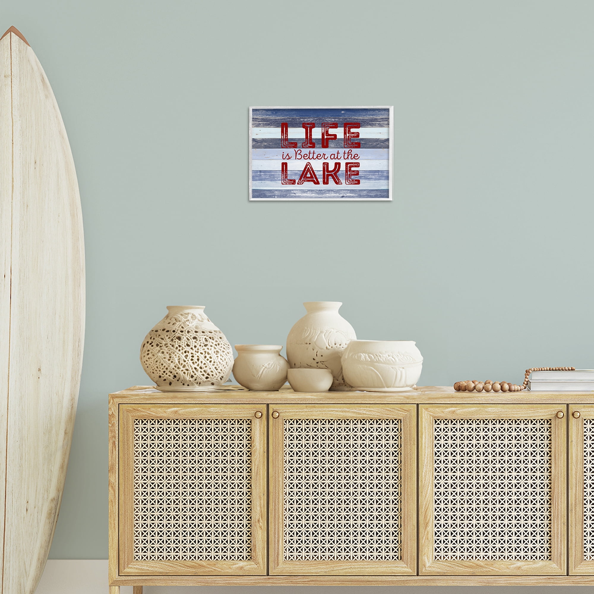 Stupell Industries Life At Lake Striped Coastal Painting White Framed Art Print Wall Art, 18 x 12