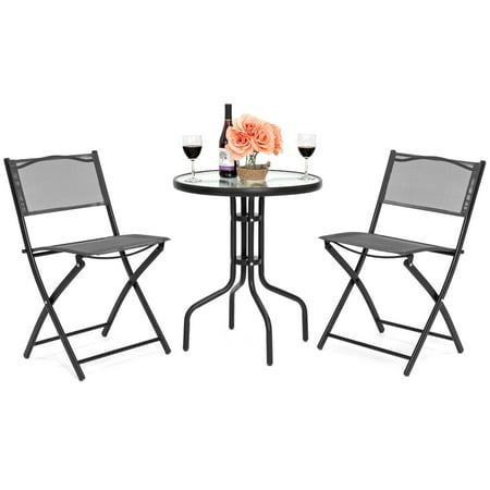 Bistro Table And Chair Set Best Choice Products 3-Piece Patio Bistro Dining Furniture Set w/ Round Textured Glass Tabletop, 2 Folding Chairs, Steel Frame, Gray ()