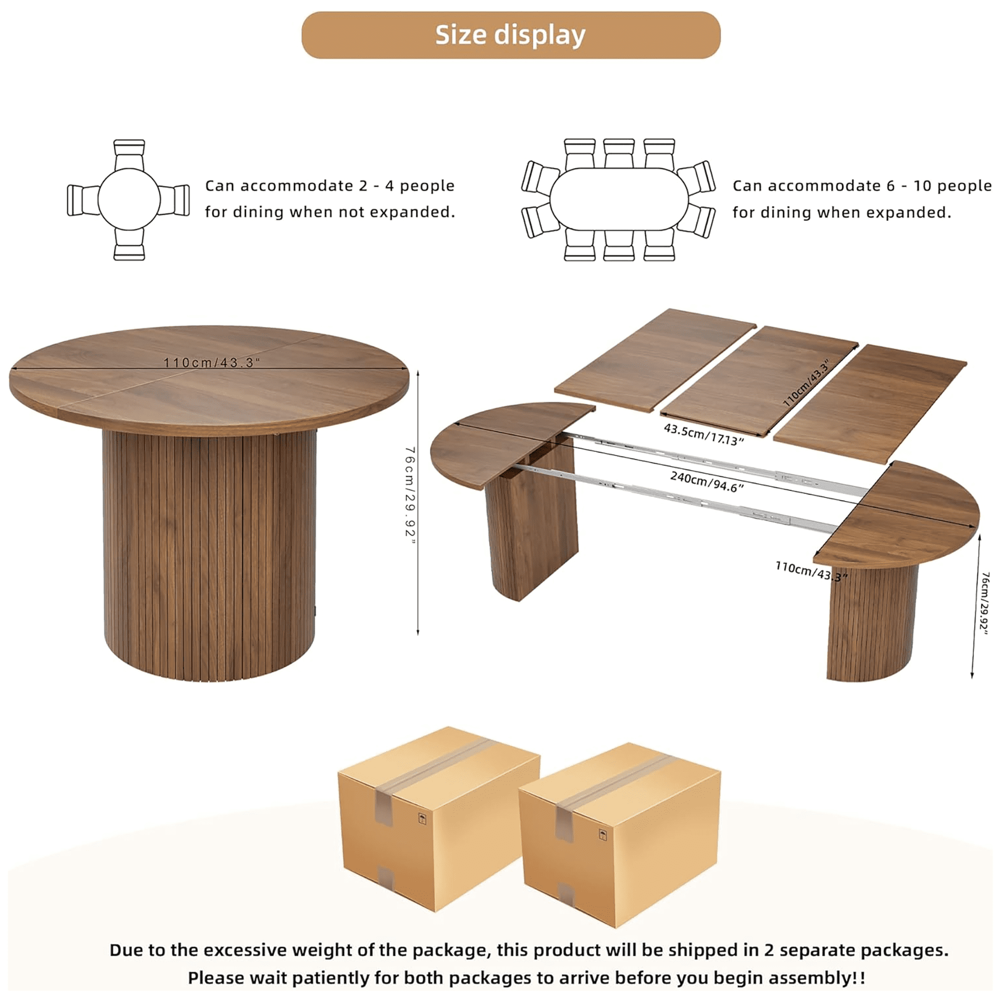 Diubas 43.3''-94.6'' Extendable Dining Table for 4-10, Round Expandable Kitchen Table with Dual Side Storage Shelves, Modern Farmhouse Oval Dinner Tables for Dining Room Kitchen Living Room(Walnut)