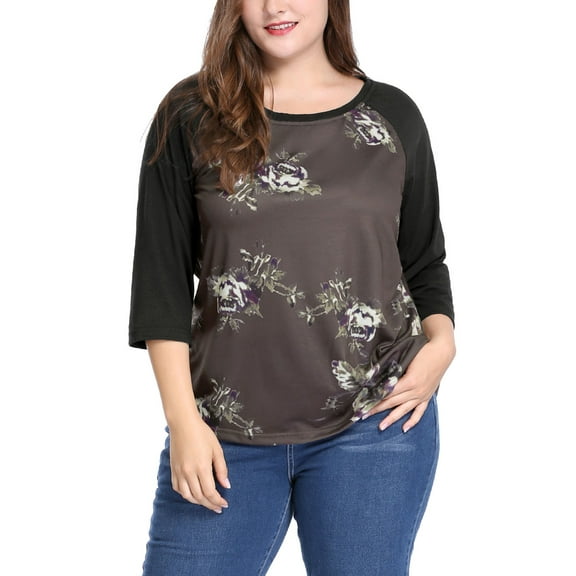 Unique Bargains Juniors' Plus Size 3/4 Sleeve Floral Female Modern Raglan Tops 4X Coffee