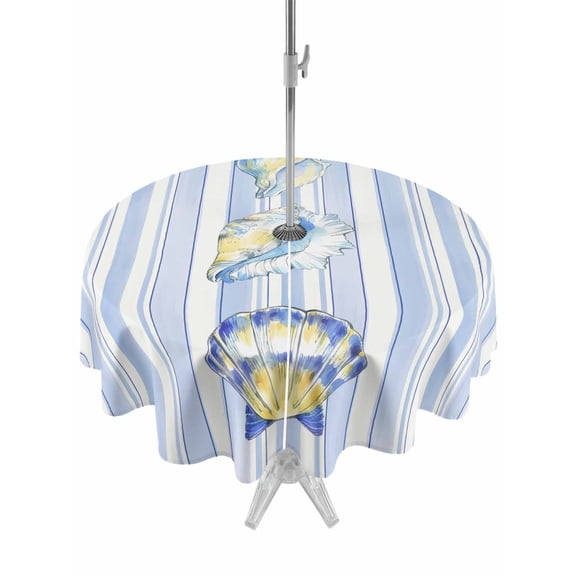 Outdoor Tablecloth with Umbrella Hole for Patio/Picnic/Party/Camping, Blue Shell Coastal Waterproof Table Cloth Round Cover Washable, Summer Beach Conch Ocean Striped (Dia 60")