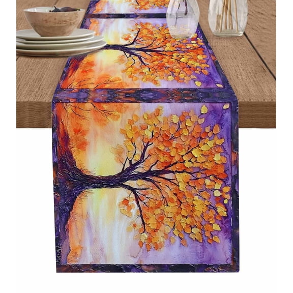 Orange Purple Tree Table Runner 72 Inches, Abstract Oil Painting Maple Leaf Bed Runner Dresser Scarves Tabletop for Indoor Outdoor Parties/Ceremony/Banquet, 13" x 72"