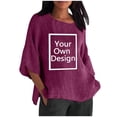 thumbnail image 3 of T-Shirts d'Été pour Femmes Manches 3/4 Col Rond Imprimé Floral Ample Tunique en Lin Décontractée, 3 of 6