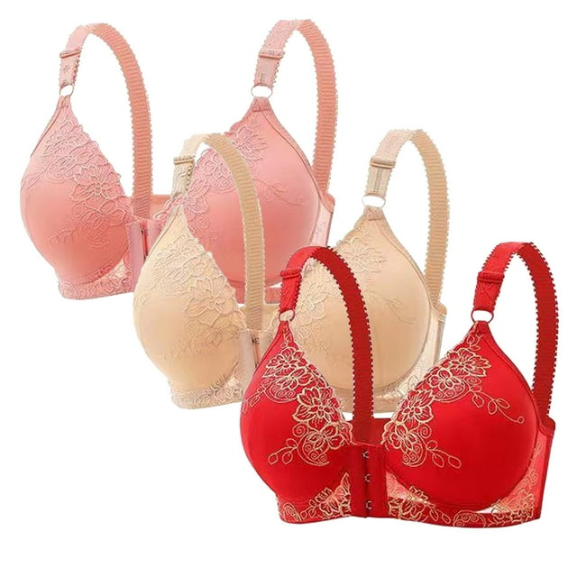 fheaev 3Pc Front Close Bras for Women Plus Size Wirefree Support Posture No Underwire Full Coverage Bra Adjustable Shoulder Strap Comfort Push Up Lace Breathable Front Buckle Open Everyday Bras