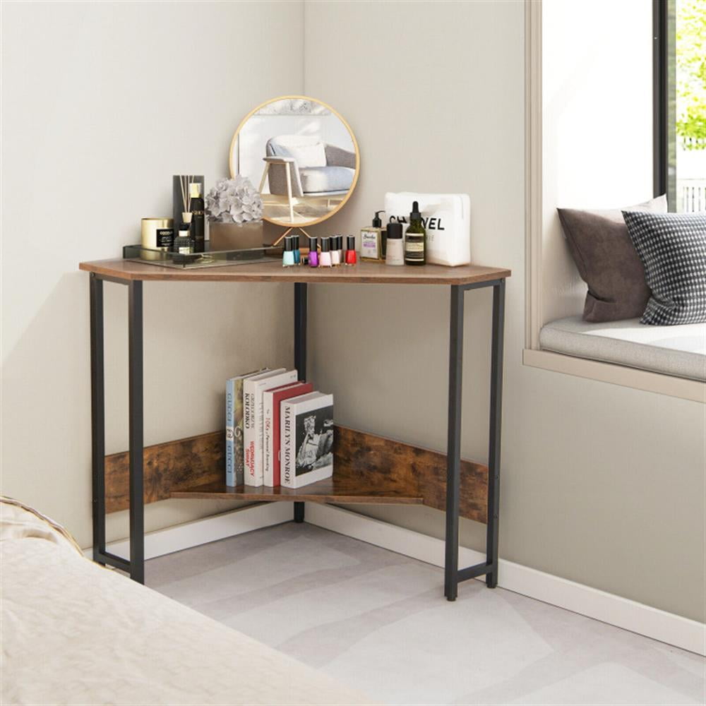 Demi Bonn Triangle Computer Corner Desk with Charging Station, Small Home Office Desk Study Writing Table, Brown