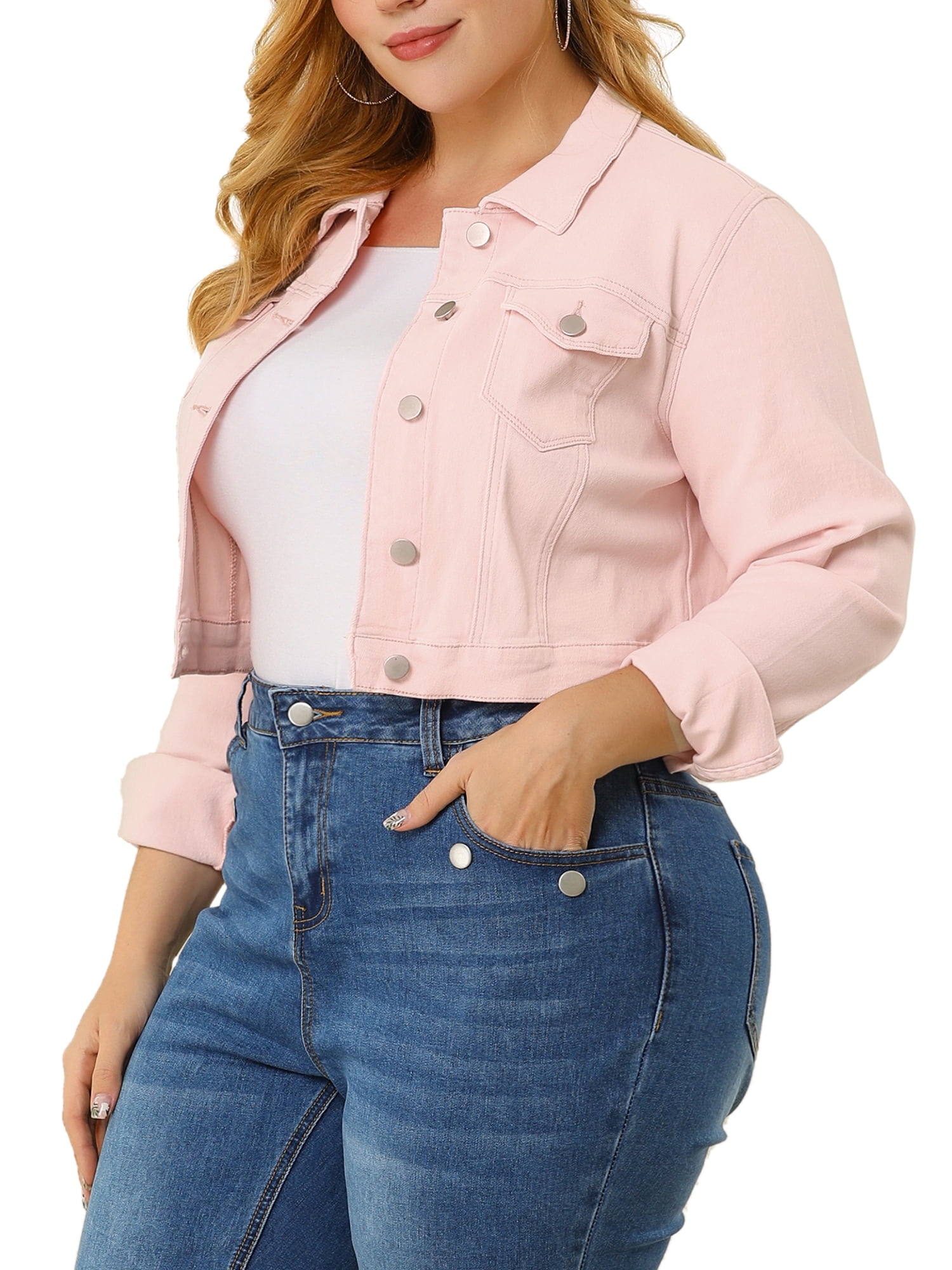 Unique Bargains Women's Plus Size Long Sleeve Jean Jacket Button Cropped Denim Jacket