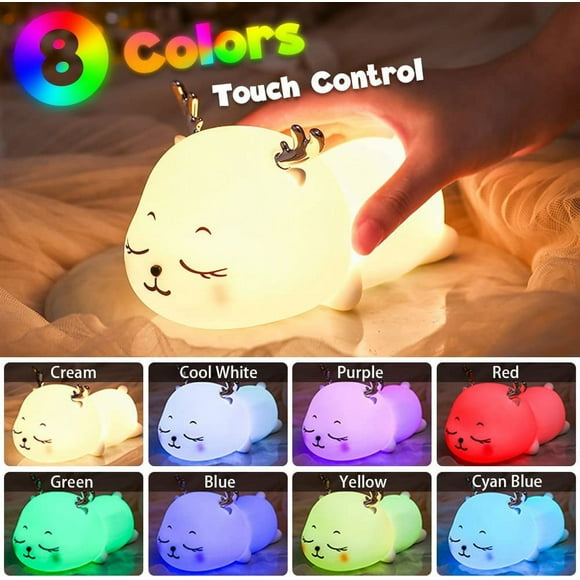 Luz nocturna LED para niños, luz nocturna para bebés, luz nocturna para niños, con 8 colores, para decoración de habitación de bebé, regulable, alimentación por USB, silicona, temporizador, regalo (1