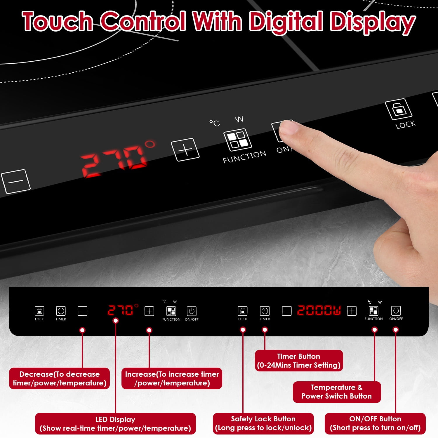 TeqHome Double Induction Cooktop 4000W Portable Induction Countertop with 9 Power Levels 9 Temperature Settiings From 176℉ to 518℉ Smart Timer 0-3H and Safety Lock Black