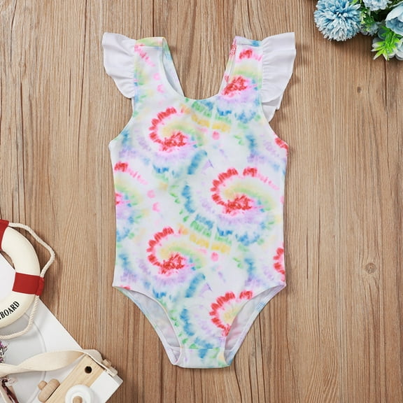 uublik Toddler Girl Swimsuit Tie-Dye Bikini One-Piece Swimwear Swimsuit Beachwear White, Sizes 0-3T