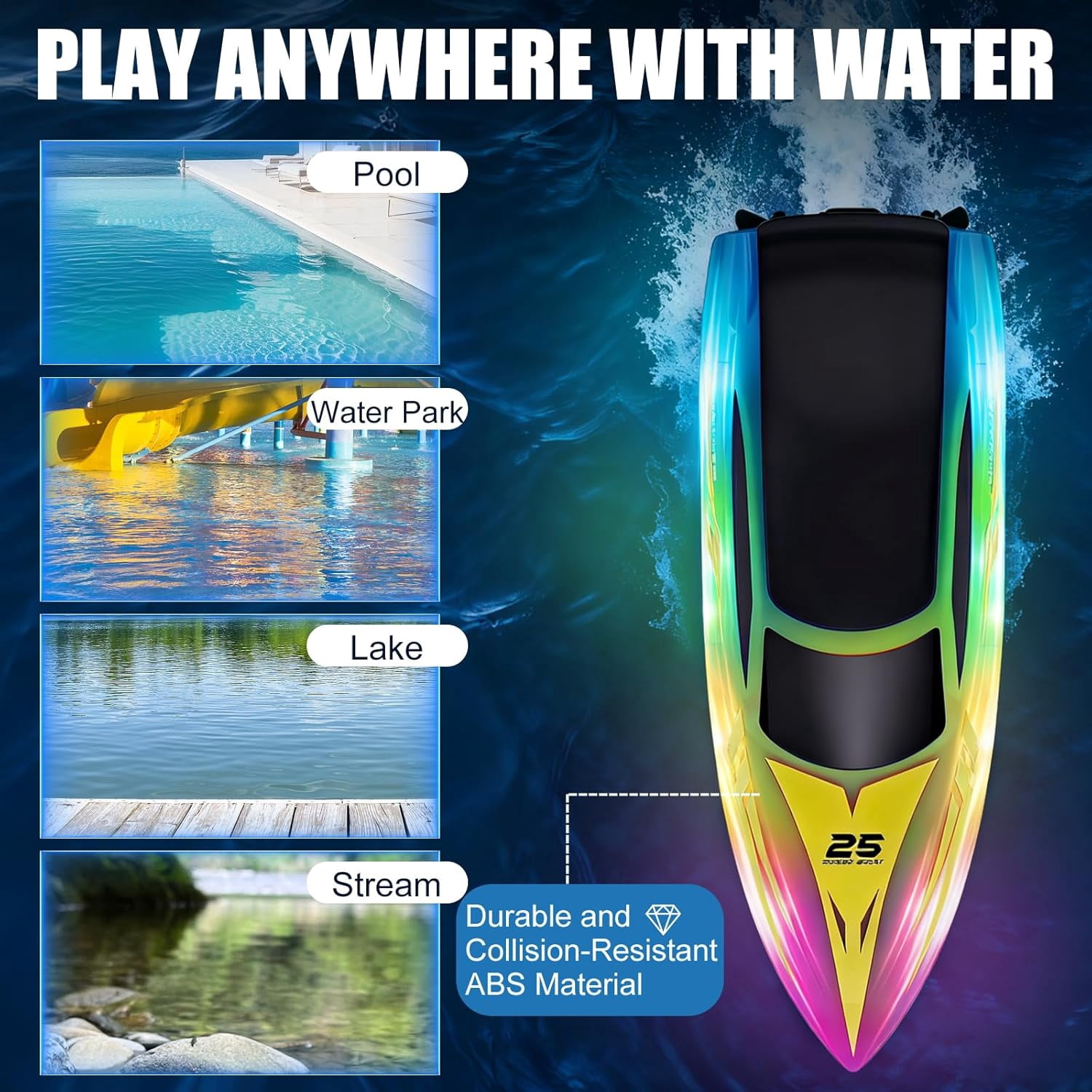 HYPERLIVING Remote Control Boat,15KM/H Fast Racing Boat with LED Light, Never Capsize, Summer Water Pool Toy for Adults & Kids