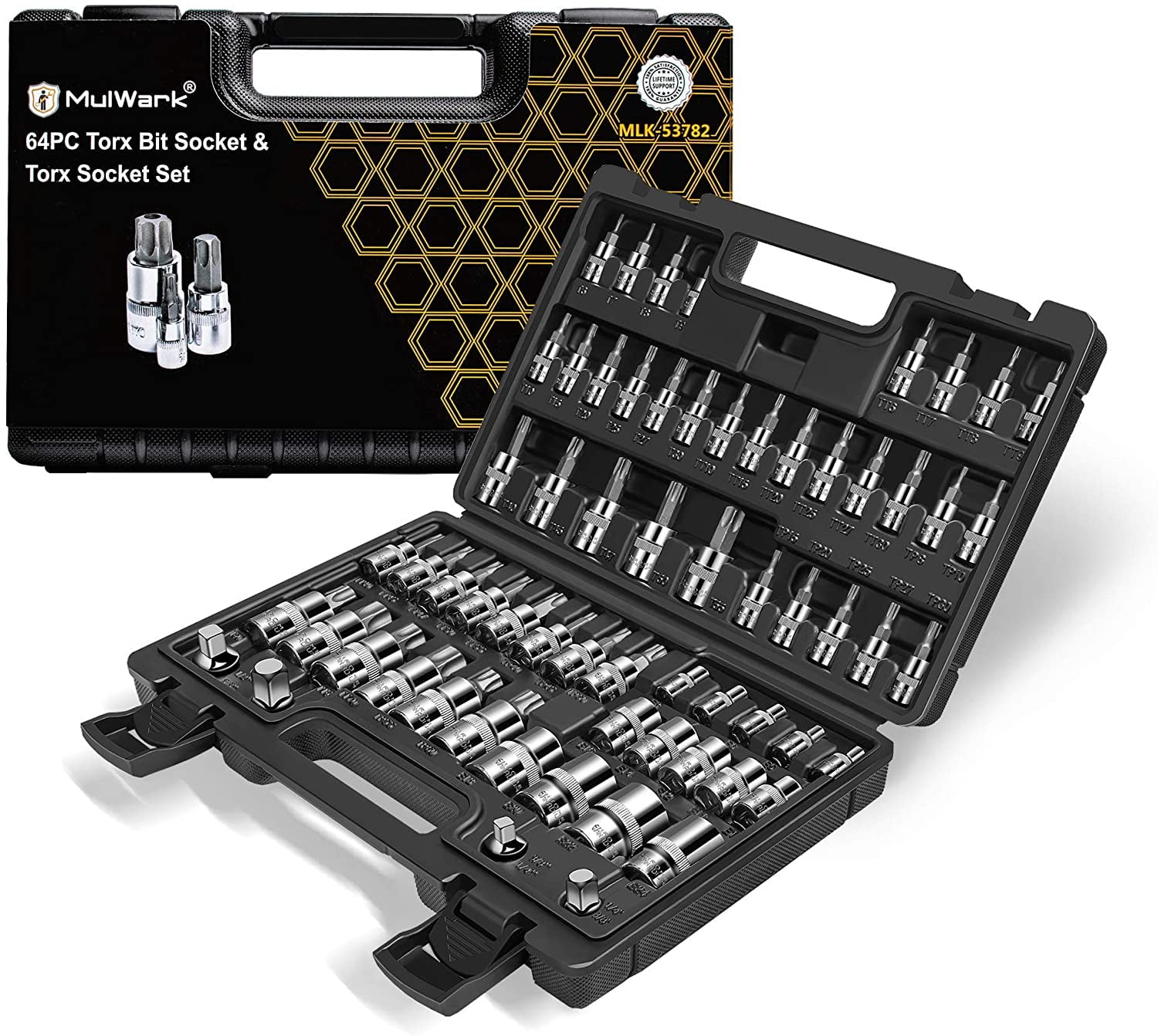 1/4 Drive Torx Bit Socket and External Torx Socket Set w./ Impact Adapter and Reducer Bike MulWark Premium 64-Piece Master 3/8 1/2 in Automotive Motorcycle & ATV S2 and Cr-V Steel 