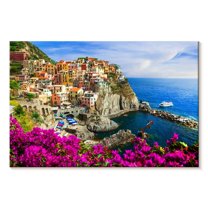 Elephant Stock Pleasant Manarola Village Wall Art - Horizontal Canvas Wall Art - Living Room Wall Decor - Nature Canvas - Pink And Blue Decor - 51" x 34"
