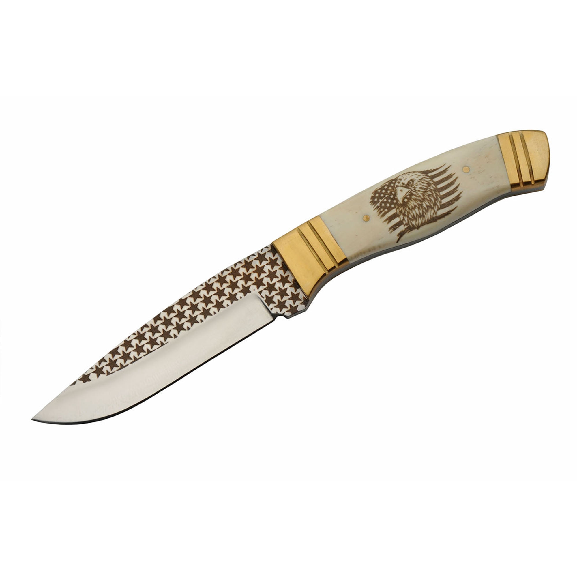 Rite Edge 8.25 Inch Bone Handle Fixed Blade Knife 8 Gauge Stainless Steel Blade Brass Bolster Laser Star Detail Leather Sheath Outdoor Knife