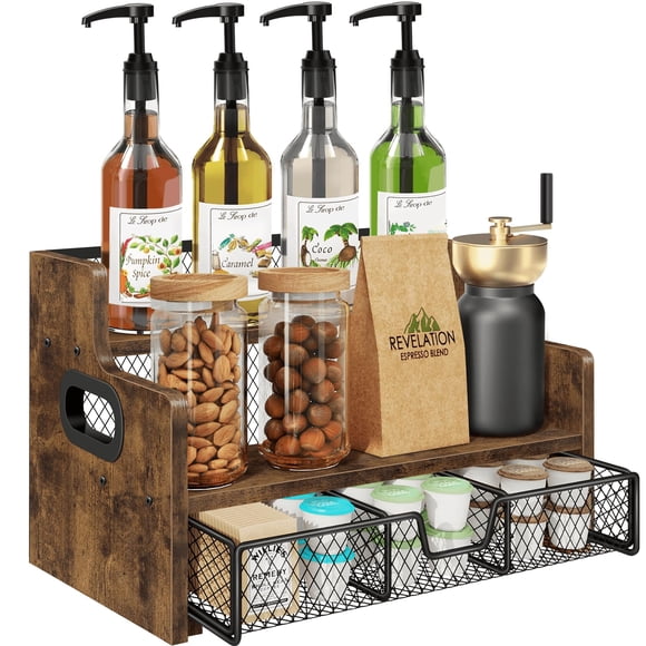 Homode Coffee Syrup Rack Organizer, 3-Tier 8 Bottles Syrup Holder Stand with 35 K Cup Storage Basket Drawer for Coffee Bar, Wood Liquor Shelf Wine Ra