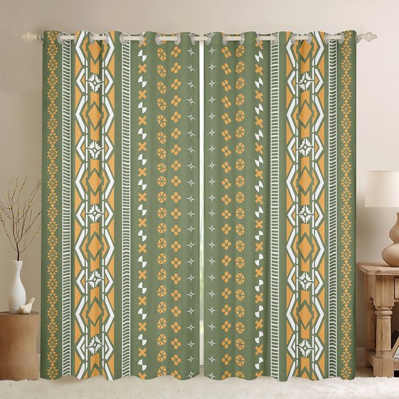 jejeloiu Ancient Bohemian Aztec Black Out Curtains,Geometric Floral Print Curtains Pack of 2 (42x63 Each),Green Orange Bedroom Curtains For Men Women,Super Cozy Room Decor