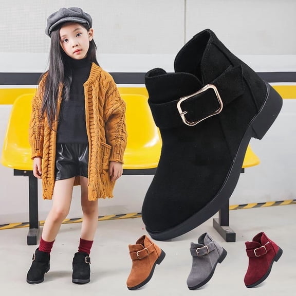Girls Princess Fashion Ankle Booties Buckle Suede Short Boots Round Toe Comfort Stylish Casual Dress Boots for Little Big Kids Wine 2.5(36)