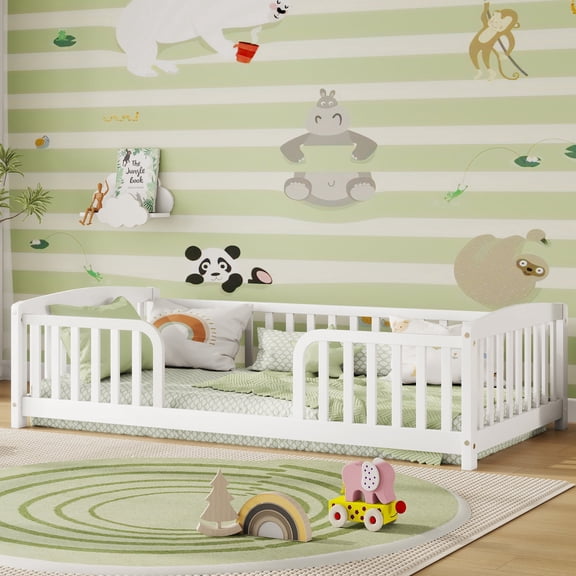 Oufan Twin Size Floor Fence Bed with Central Entrance, Pine Wood Floor bed with Guardrails, Easy Assembly, White